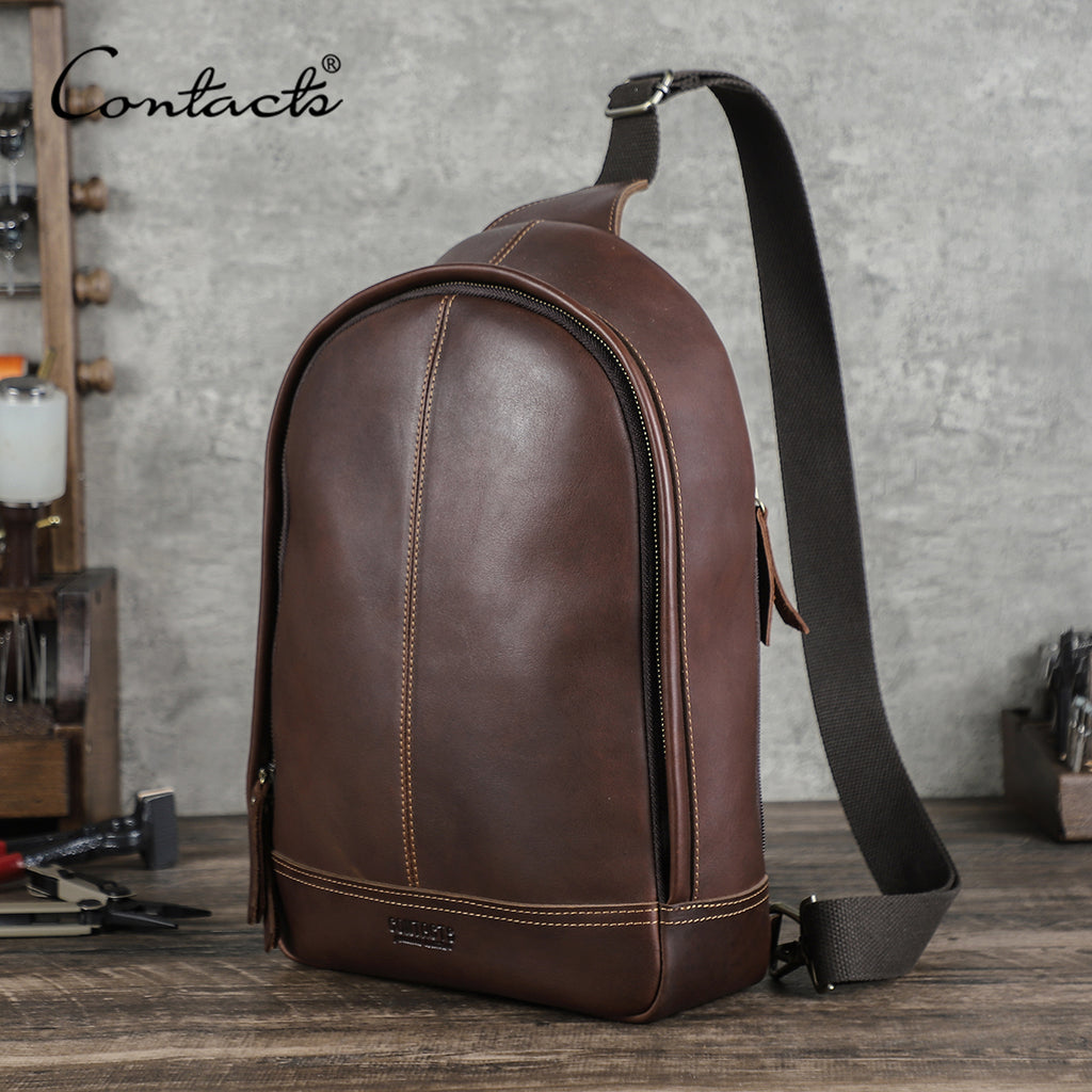 CONTACT'S Genuine Leather Single Shoulder Bags for Men Chest Bag Crossbody Bag Side Bag Male Messenger Bag for 13.3" Laptop