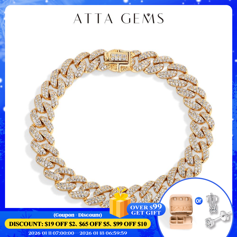 ATTAGEMS S925 Silver Moissanite Cuba Chain for Man Women 18K Gold Plated Full D VVS1 Color Tennis Bracelets Top Quality Jewelry