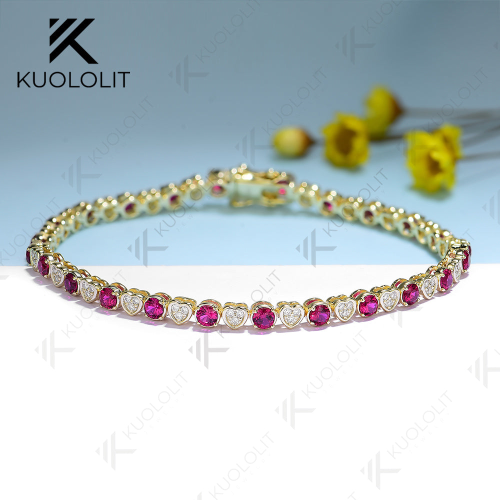 Kuololit Lab Grown Ruby Tennis Bracelet for Women Men Solid 18K 14K 10K 585 Yellow Gold Moissanite Bracelet for Christmas Gifts