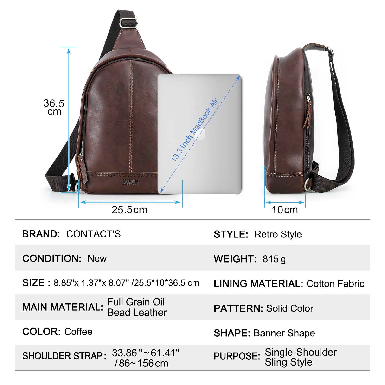 CONTACT'S Genuine Leather Single Shoulder Bags for Men Chest Bag Crossbody Bag Side Bag Male Messenger Bag for 13.3" Laptop
