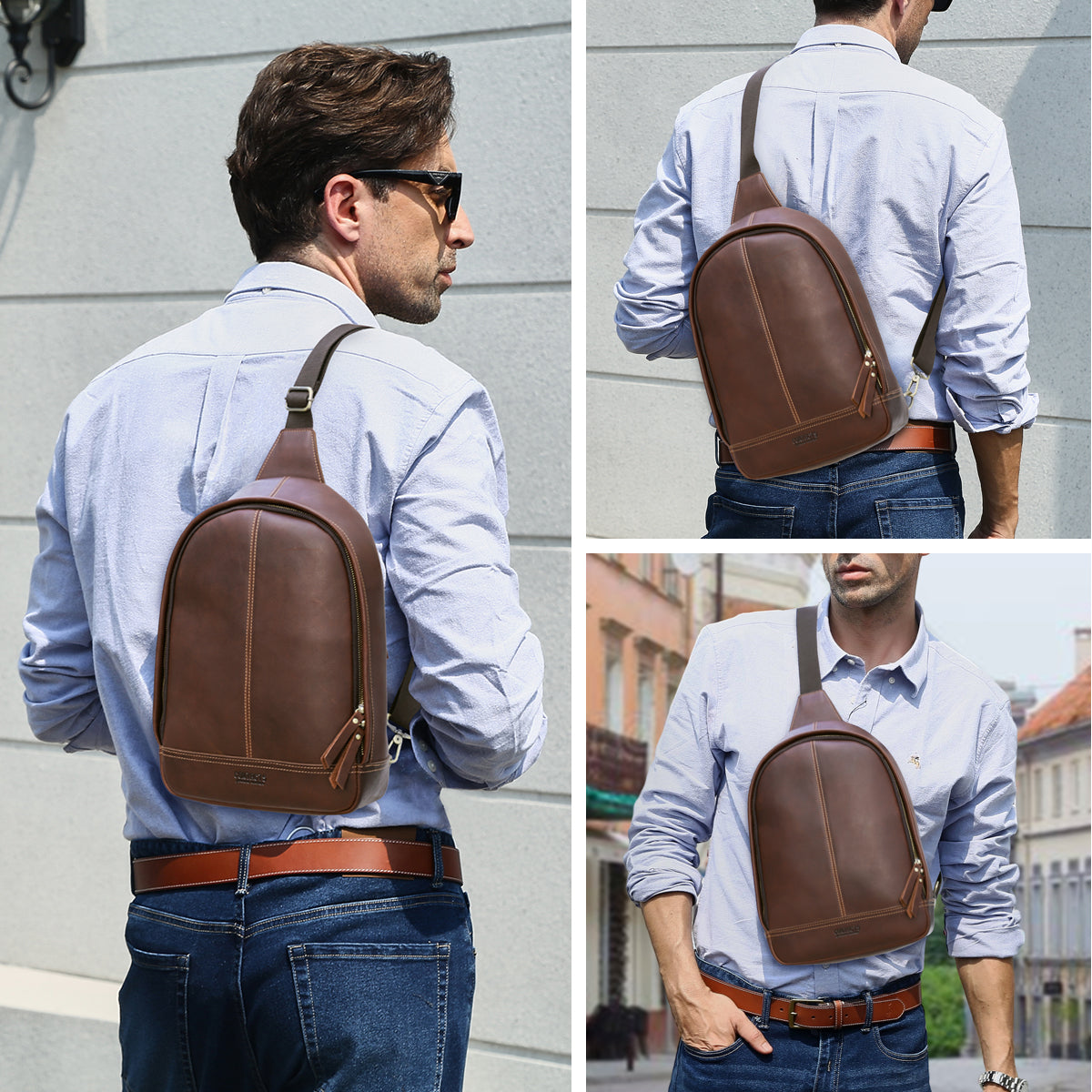 CONTACT'S Genuine Leather Single Shoulder Bags for Men Chest Bag Crossbody Bag Side Bag Male Messenger Bag for 13.3" Laptop