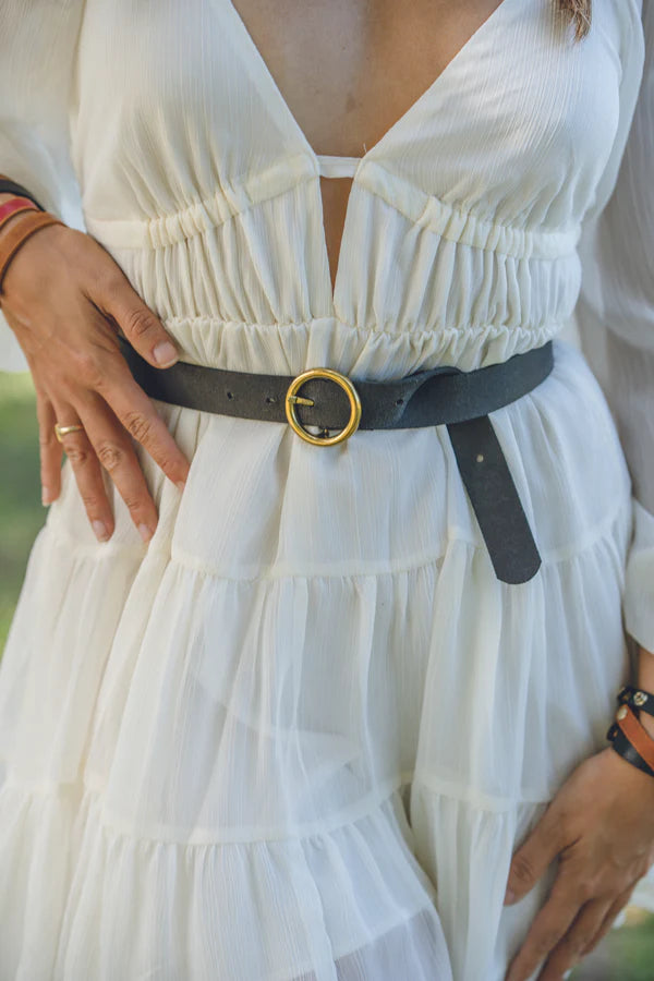 Brass-Toned Circle Buckle Leather Belt