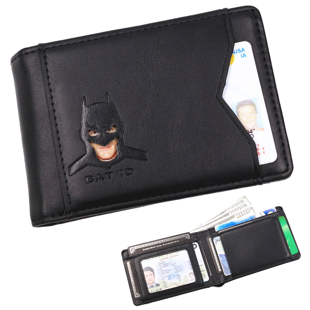 Leather Bat ID Wallet For Men Slim Bifold Credit Card Holder Case With Cutout Superhero Face Eyes Mask Gift For Husband Teens