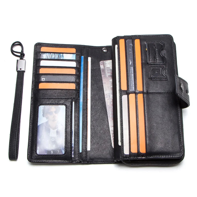 CONTACT'S genuine leather men long wallet with card holders male clutch zipper coin purse for cell phone business luxury wallets