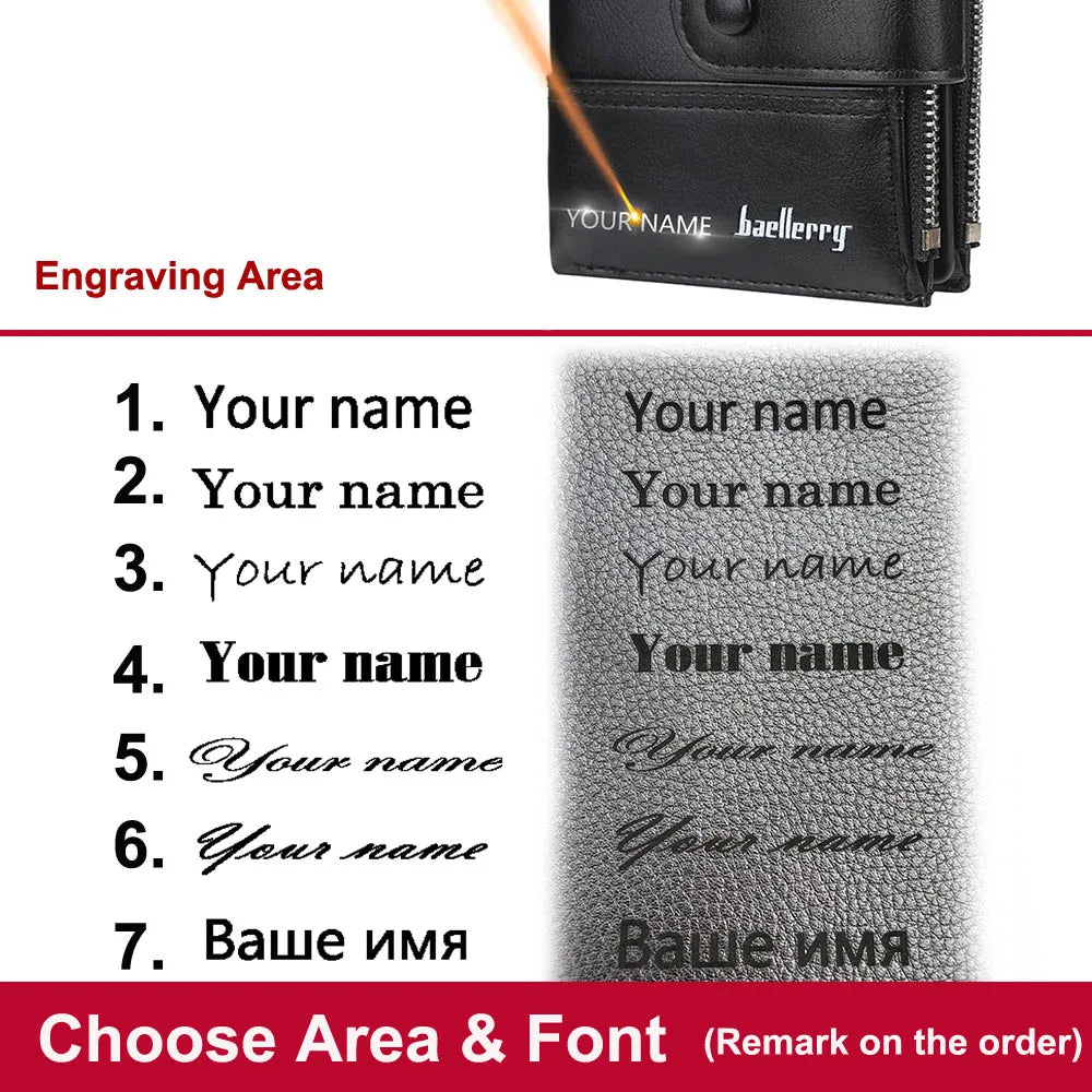 Free Name Engraving Men Wallets Card Holder Double Zipper Pocket Men Purse Solid Coin Pocket High Quality Male Purse