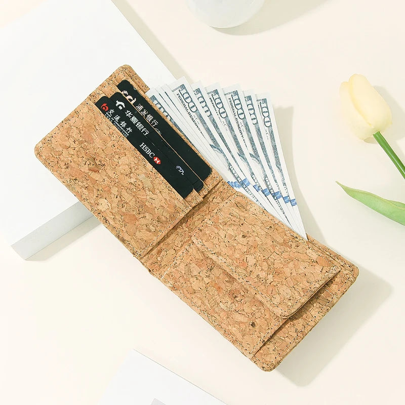 5pcs Wallets Cork Leather Khaki Multifunctional Foldable Short Credit Card Holder